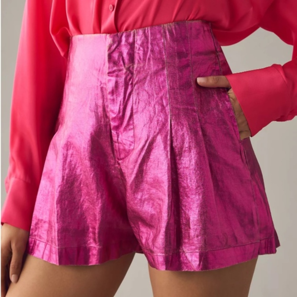 Anthropologie Lanhtropy Frida Coated Linen Shorts in Pink